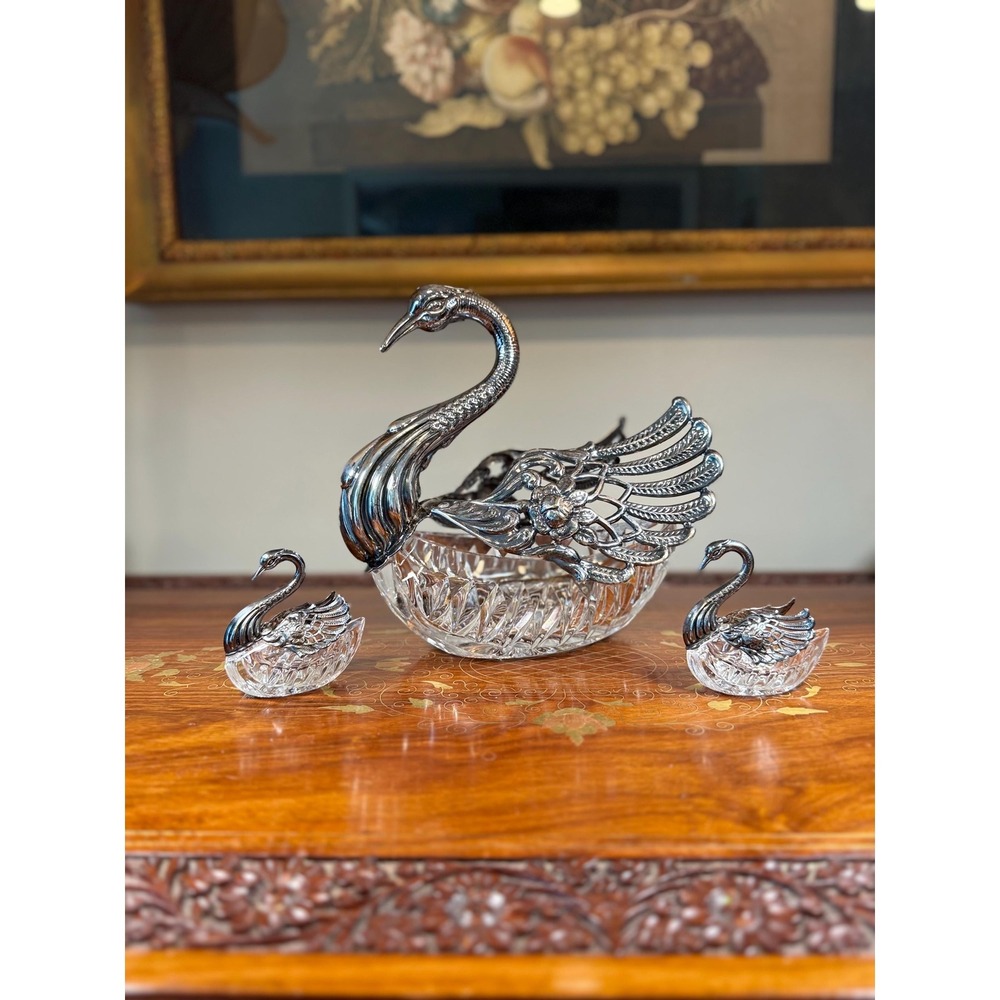 Vintage 3-Piece Crystal Swan Set Centerpiece Bowl with 2 Salt Cellars